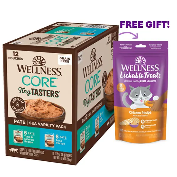 Wellness CORE Tiny Tasters Smooth Pate Variety Pack Adult Wet Cat Food, Natural, Protein-Rich, Grainfree, Chicken & Sea Recipes, 1.75 oz Pouch Format, Grab-and-Go, Pack of 12 Pouches