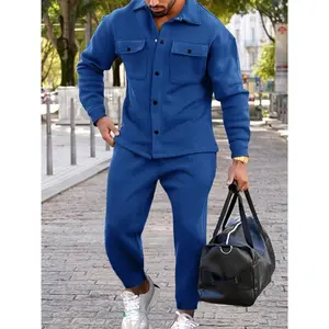 Men's solid color two-piece set with a suede collar and cuffs, a hooded jacket with a zipper front and multiple pockets, and drawstring sweatpants, comfortable and warm for autumn, casual daily wear, men's clothing, men's wear, well-fitting.