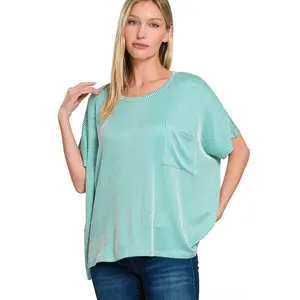Zenana Pocket Front Corded Rib Oversized Short Sleeve Top