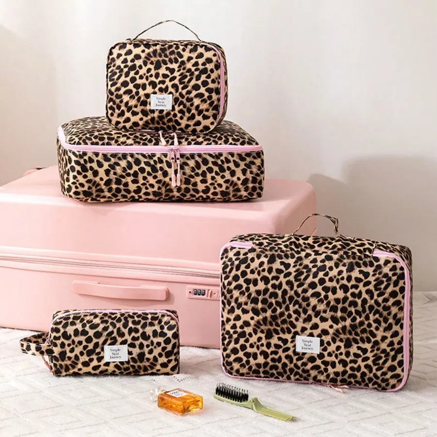 4pcs Leopard Print Travel Storage Set, 7pcs Cartoon Pattern Cosmetic Bags, Multi-Size Waterproof Luggage Organizer Bag, Travel Organization Pouch, Travel Packing Organizers, Large Capacity Ideal for Travel & Home Use, Travel Accessories