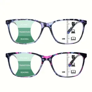 2 Pack Womens Reading Glasses Progressive Multifocal Blue Light Blocking Square Frame Fashion Pattern Spring Hinges Daily Eyeglasses