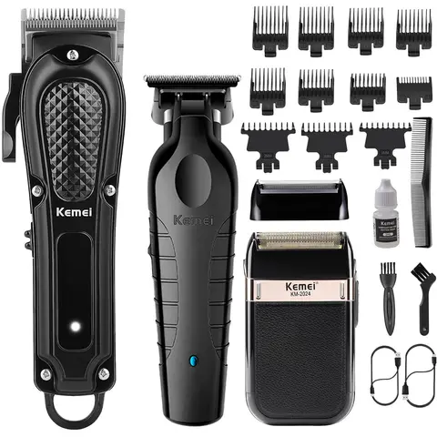 KEMEI Professional Men's Grooming Kit - Cordless Trimmers, Rechargeable Dual-Motor Hair Clippers, Ear Trimmer, Electric Foil Shaver, Adjustable Barber Equipment, USB Port, Hair Cutting Accessories for Face Beard Transformation, Travel-Friendly Gift