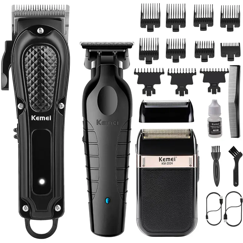 KEMEI Professional Men's Grooming Kit - Cordless Trimmers, Rechargeable Dual-Motor Hair Clippers, Ear Trimmer, Electric Foil Shaver, Adjustable Barber Equipment, USB Port, Hair Cutting Accessories for Face Beard Transformation, Travel-Friendly Gift