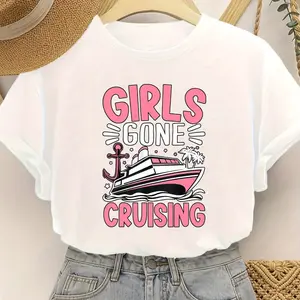 Women's " Gone Cruising" Graphic Tee - Casual Crew Neck Short Sleeve Top, Lightweight Cotton T-Shirt for Spring & Summer, Perfect for Vacation and Casual Attire, Summer Top | Cruise Ship Graphic | Constructio White CLL T-shirts-8311