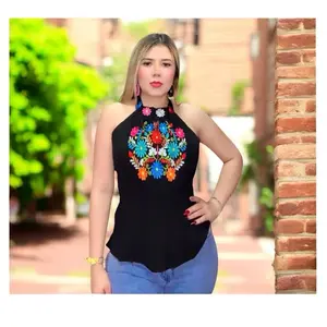 Blusa rayón halter bordado multicolor con elástico en la cintura