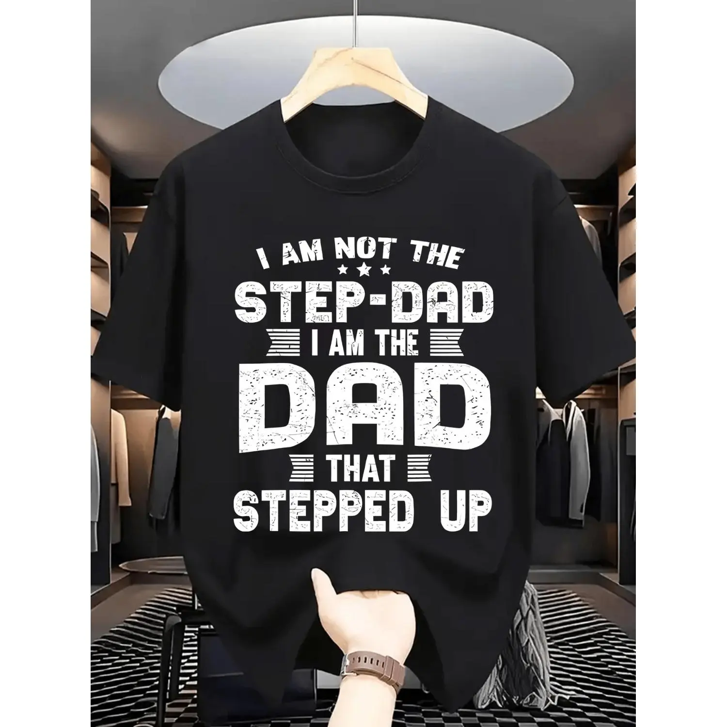 Men's Humorous I Am The Dad Who Stepped Up Graphic Tee Comfortable All Season Crew Neck Short Sleeve Casual Fit Ideal Gift for Fathers