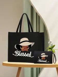 Blessed Letter Printed Tote Bag Set, Tote Bag And Makeup Pouch ,Lightweight Large Capacity Tote Bag, Reusable Burlap Shopping Bag, Portable Travel Beach Bag With Makeup Bag, Perfect For Wedding Parties,  For Bridesmaids,Birthday Gift, Mother's Day Gift