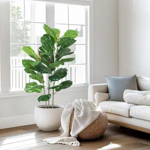 OUTGOODS Artificial Fiddle Leaf Ficus 3-Pole Plant with Plastic Leaves and Iron Wire Stem, Realistic Indoor Plant Decor for Home and Office