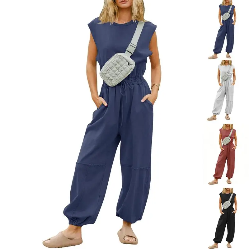 Naeduo Women's Casual Sleeveless Loose Open-Back Workout Jumpsuit - Summer Outfit with Pockets, Comfortable Womenswear Overall