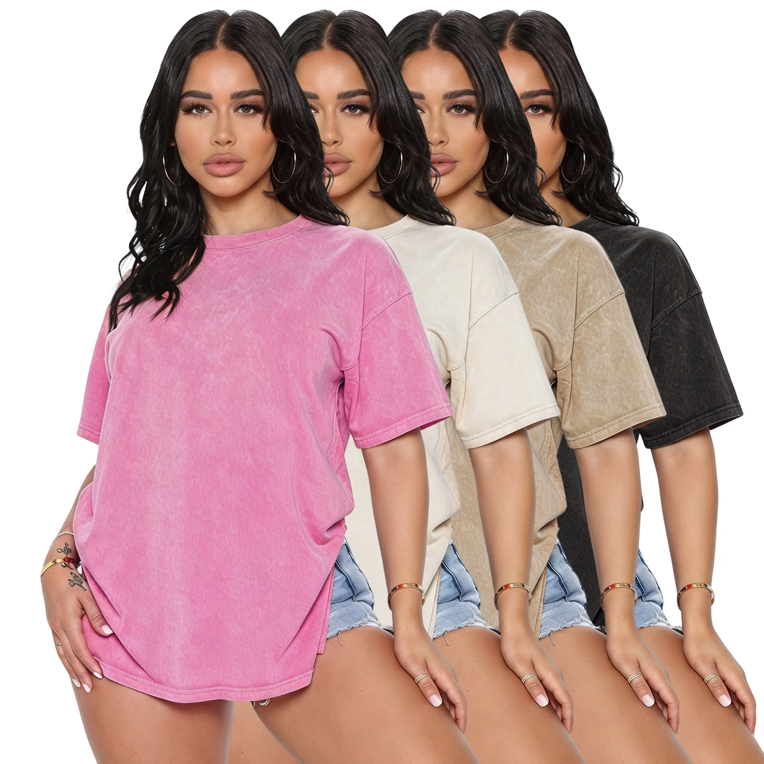 Women's Fashion Apparel 4-Pack Basic Baggy Oversize T-Shirts, Short Sleeve Round Neck Solid Color Distressed Wash Casual   Daily Wear,clothes for back to school,first day of school outfits