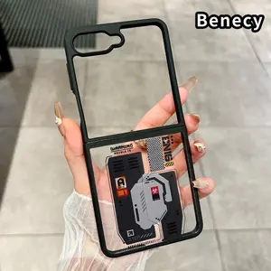 Techno - Warning Panel Pattern Shockproof Folding Case for Z Flip 7/6/5/4, Central Axis Guard and Camera Protection Transparent Silicone TPU Phone Case