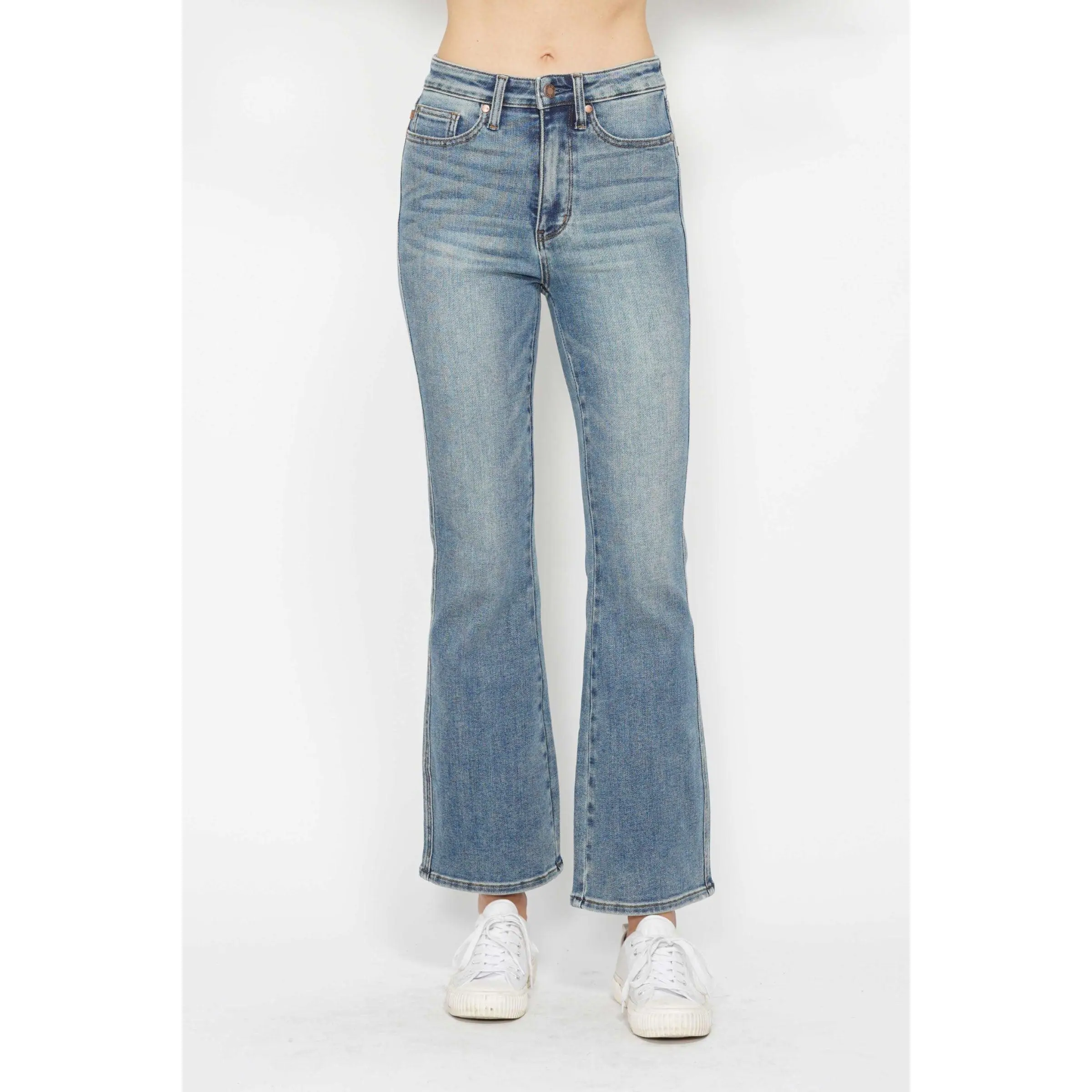 Judy Blue Plus Size Tummy Control Bootcut Jeans with Back Embroidery - Smooth Stretchy Cotton Spandex, Perfect for Blouse Outfits, Bottom, Casual, Denim