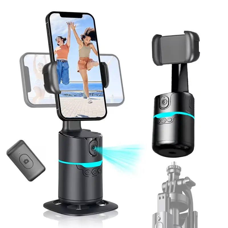 AI Auto Face Tracking Tripod - Desktop Phone Holder with No App Required, Detachable Remote Control, 360° Rotation, 1-Touch Video/Photo Activation, Compatible with iPhone 17/16/15/14/13 & Android Phones for Live Streaming, Adjustable, Wireless