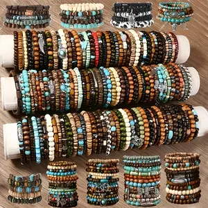 24/36Pcs Bohemian Style Assorted Colors Wooden Beads Bracelet For Men Women, Multi-Layer Stretch Wristbands Accessory, Turquoise, Coconut Shell Decoration, Fashion Gift, Casual Style(Random)