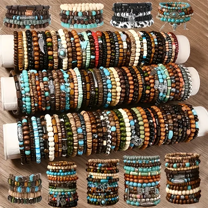 Women's Boho Style Bracelet Set - 24/36Pcs Multi-Layer Stretch Wristbands, Wooden Beads, Turquoise & Coconut Shell Decor, Casual Fashion Gift (Random Assorted Colors), Bracelets Set