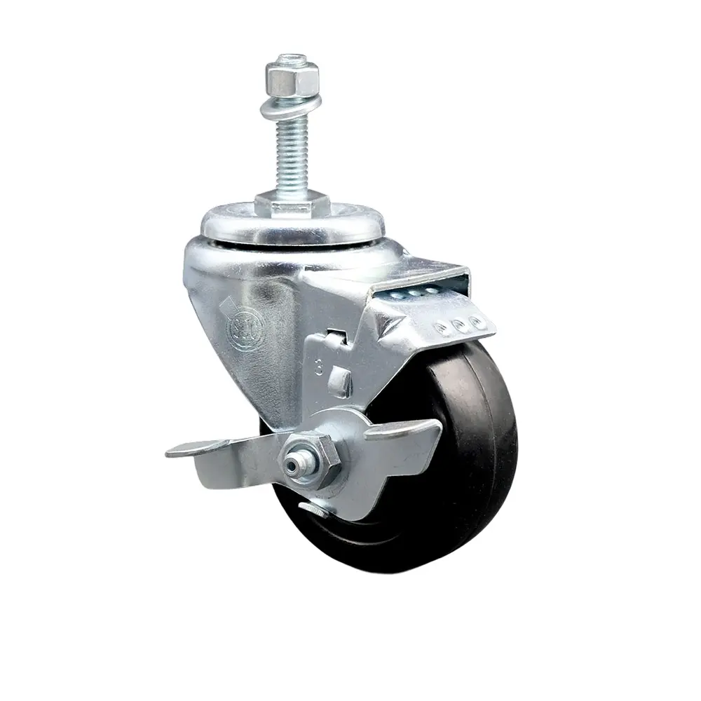 Service Caster SCC-TS20S314-HRS-TLB-M1015 Hard Rubber Swivel Threaded Stem Caster with 3 x 1.25 in. Black Wheel & 10 mm Stem & Top Locking Brake, Metric Thread, Swivel Caster