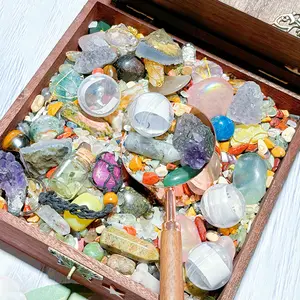 White Capsule Crystal Confetti - Assorted Crystals in Wooden Box with Natural Accents