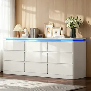 Loomie 9-Drawer Dresser with LED Lights, 63" Wide Chest of Drawers with Charging Station and Curved Profile Design, Modern Dresser TV Stand for Bedroom, White