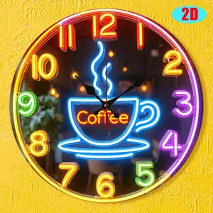 1pc 9.84inch Modern Coffee Theme Neon Wall Clock with Eye-catching LED Numbers and Silent Japanese Quartz Movement - Wooden Round Clock with Neon Gloss, Suitable for Kitchen, Cafe, Coffee Shop Decoration - Battery Powered (AA Batteries Not Included) - Ide