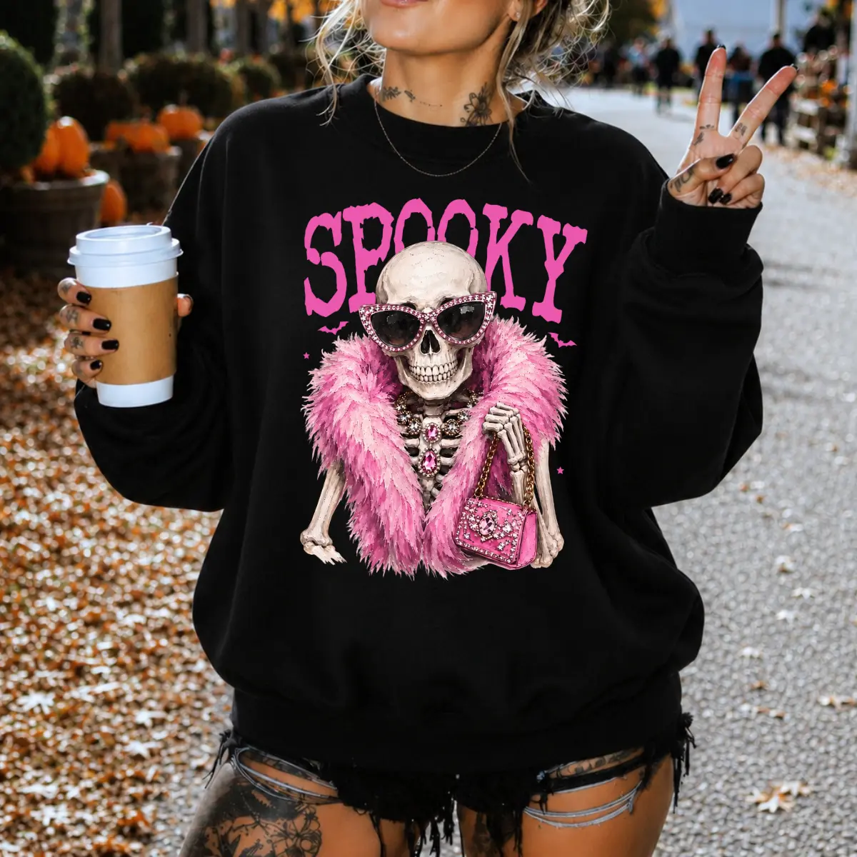 Spooky Skeleton Sweatshirt, Bougie Glam Pink Skeleton Sunglasses Crewneck for Women, Spooky Season Preppy Halloween Sweatshirt Gift