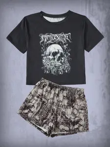 Spring Summer Women's Casual Aesthetic Skull Print Top Short Sleeve + Elastic Waist Shorts Set, Sporty Fitted Homewear, All Seasons, Womenswear