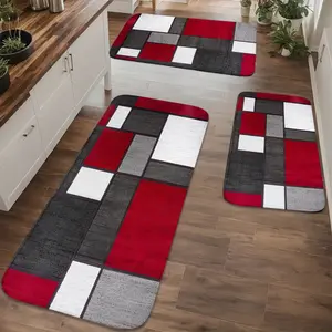 1/2/3pcs, black, white, and red geometric patchwork 2D flat print pattern, home décor, home mat set, Home Decorative Rug, suitable for kitchens and bathrooms, soft and thick indoor entrance rug, non-slip bottom for easy cleaning, long rug