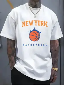 1pc Men's New York Basketball Graphic T-Shirt- 100%25 Cotton Breathable Lightweight Regular Fit Tee with Vibrant Orange Blue Skyline Print, Casual Short Sleeve for Sports Outdoor Summer Wear, Perfect Gift for Basketball Fans, Breathable Sports Shirt S