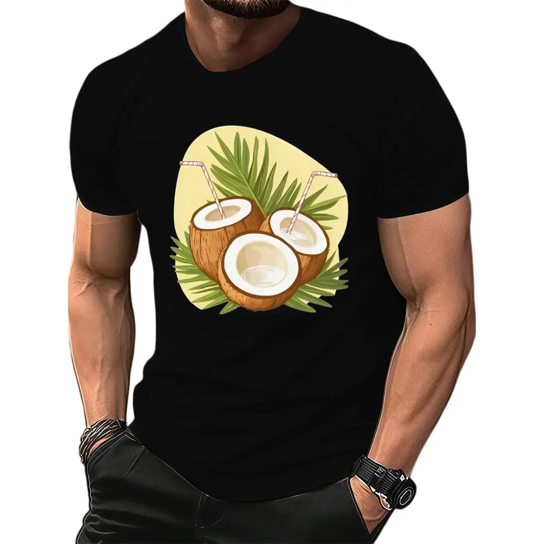 Coconut Print Shirt Casual Loose Round Neck Top with Tropical Leaf Design Spring Summer Fall Coconut Tree Shirt Men's Casual Versatile AllSeason Inner Wear Summer Printed TShirtRetro Casual Crew Neck Printed T-Shirt