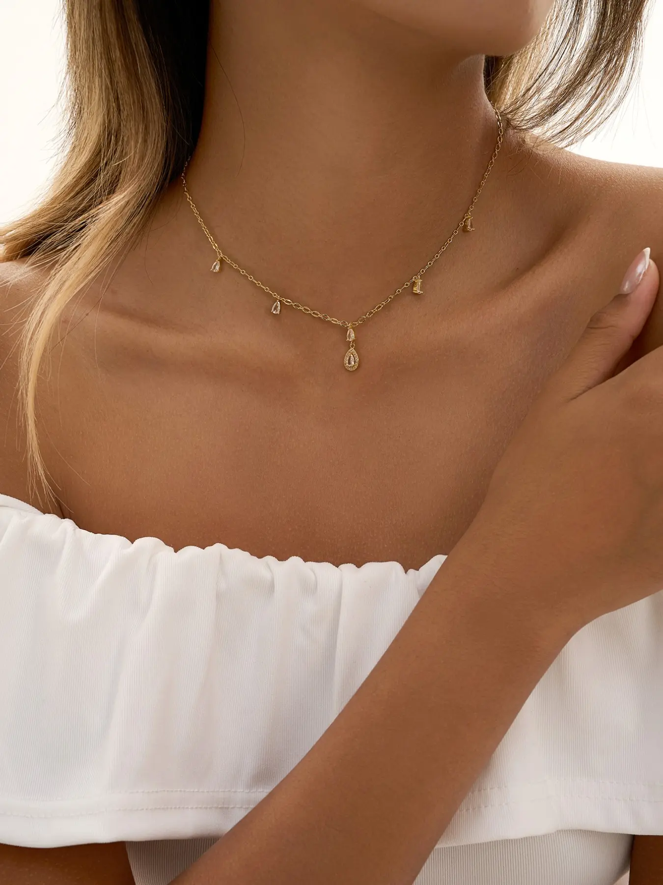 Boho Layered Beach Vacation Style, Shiny Copper Zircon Water Drop Pendant Choker Necklace, Daily Middle Eastern Ramadan Stackable Accessory Gift