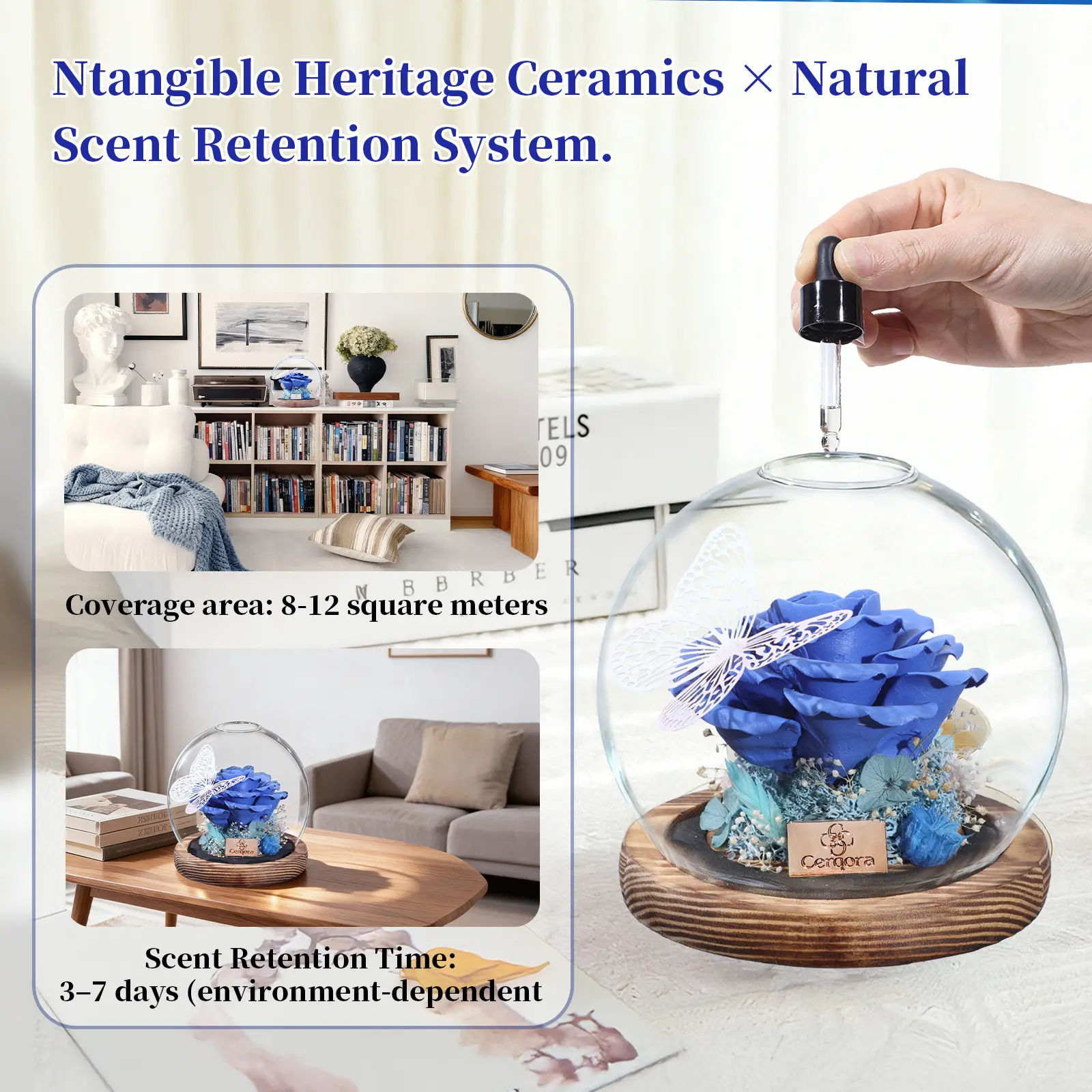Blue Kiln-Fired Ceramic Flower Diffuser - Handmade Eternal Ceramic Preserved Rose, Glass Dome, Wooden Base, Porous Stone Aromatherapy Ornament, Essential Oils-Compatible Romantic Gift for Girlfriends (Anniversary/Birthday), Romantic Gifts, Rose Shape