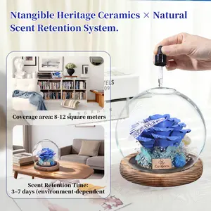 Ceramic Preserved Rose in Glass Dome Handmade Eternal Ceramic Flower Diffuser with Wooden Base Long Lasting Scent Porous Stone Aromatherapy Ornament Anniversary Birthday Romantic Gift for Her Blue