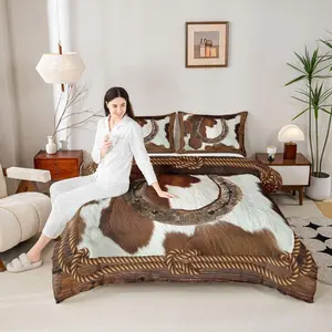 Rustic Horseshoe Comforter Set,Brown Animals Cowhide Bedding Set,Western Cowboy Style Quilt Set for Kids Boys Men Bedroom Decor Retro Wooden Duvet Insert