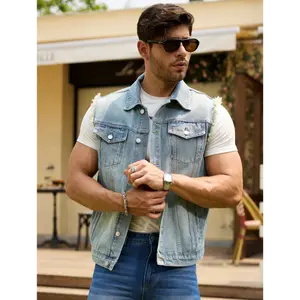 Vintage streetwear Y2K light blue washed men's denim jacket trendy brand high street versatile fringed sleeveless vest outdoor casual men's jacket