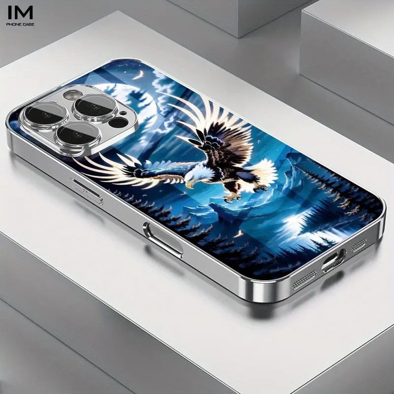 Silver Handheld Smartphone Case for iPhone 11-17 Pro/Pro Max/Plus, Moonlight Eagle Landscape Art Print, Electroplated Glass Lens Protection, Durable Silicone Cover, Screen Protector, Stylish Simple Tech Accessory