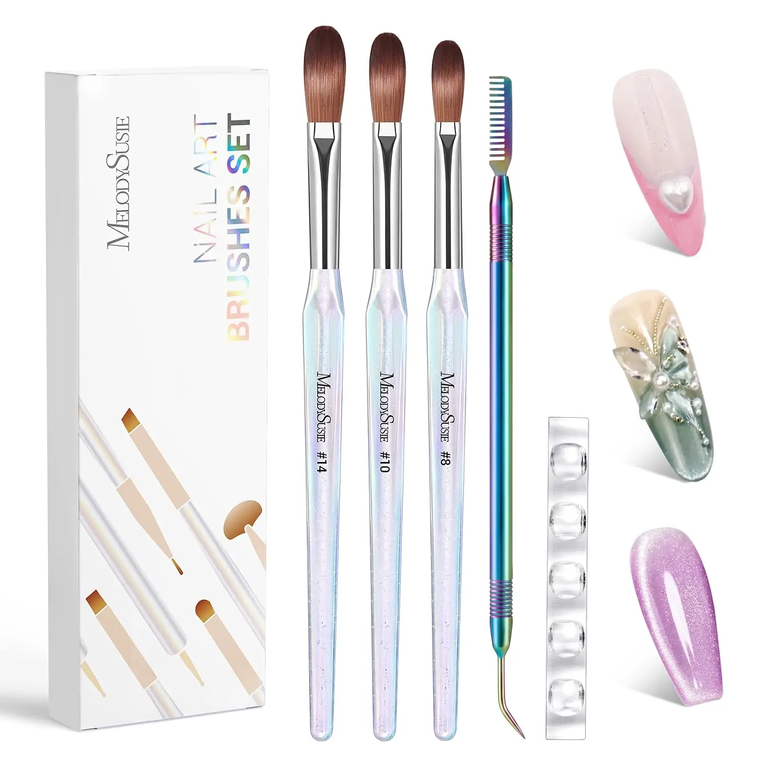 MelodySusie Acrylic Nail Brush Set, Size 8,10,14 Nail Brushes with Cleaner Tool and Brush Holder, for Acrylic Powder Nail Extension and 3D Nail Carving, Home DIY Salon