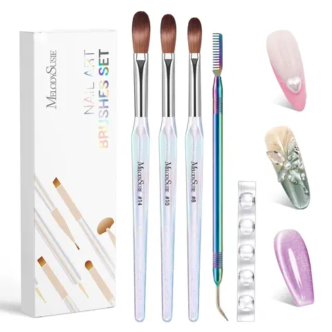 MelodySusie Acrylic Nail Brush Set, Size 8,10,14 Nail Brushes with Cleaner Tool and Brush Holder, for Acrylic Powder Nail Extension and 3D Nail Carving, Home DIY Salon