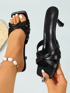 High Gloss Mirror Gold Material, Cross Strap Knot Design, Square Toe, Cat Heel, Casual Slippers, Textile Upper, Rubber Sole