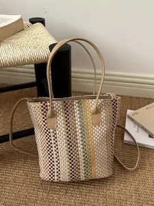Women's Woven Tote Bag, Mini Straw Crossbody Handbag, 4-Color Striped Design, Summer Vacation Bucket Bag, Casual Shoulder & Handbag