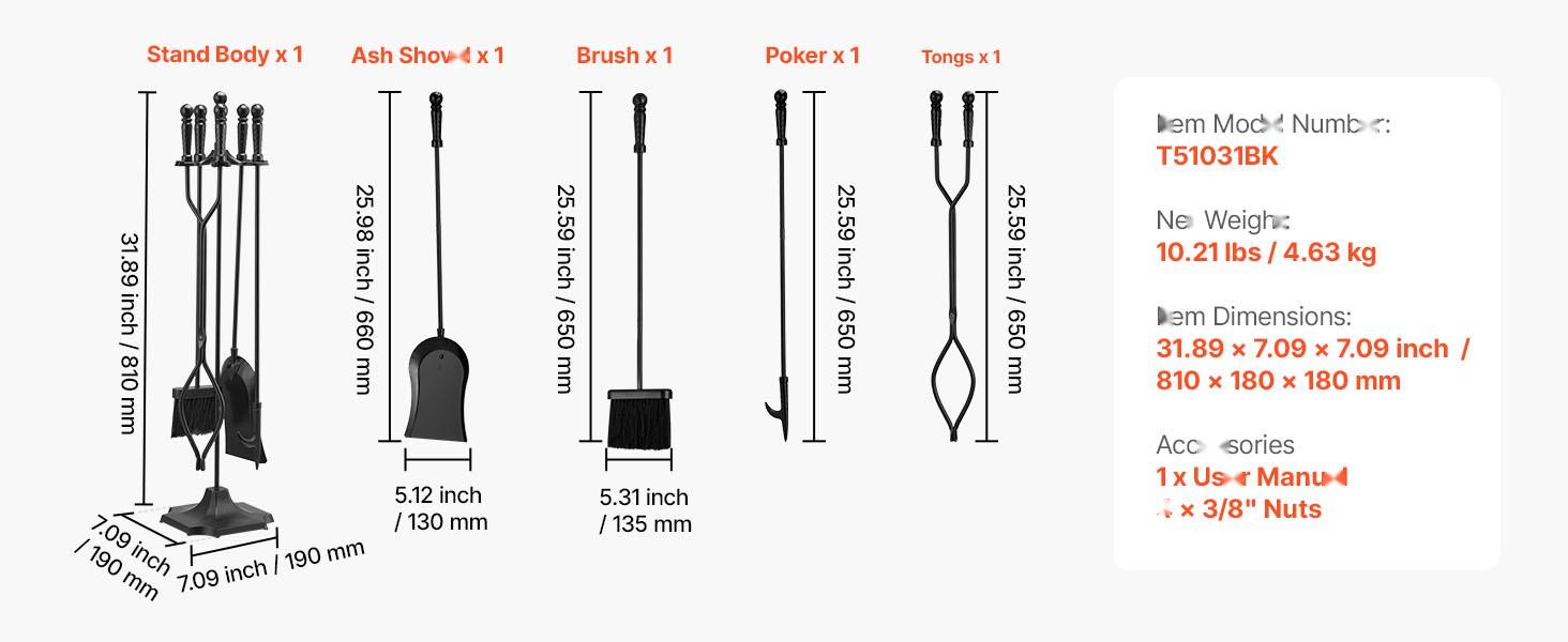 Fireplace Tool Set 5-Piece With Stand And Holder, Tongs, Shovel, Brush, Poker, Five-Prong Stand, Wrought Iron Fireplace Accessories For Indoor Outdoor Campfire Use, Black Durable Steel Construction With Easy-Grip Handles