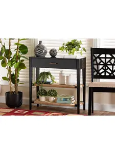 212 MAIN Freya Modern Bohemian 1-Drawer Console Table - Black-Finished Bayur Wood, Rectangular Top, Tapered Legs, Woven Ropes, Modern Accent Tables