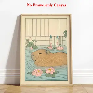 1pc, wall art, Funny bath poster, Capybara Spa pattern, Japanese bathroom print, Animal art Aesthetics, Japandi wall decor, for toilet, bathroom decoration, housewarming gift, frameless, Artistic, Unframed Art Print, Canvas Art Wall