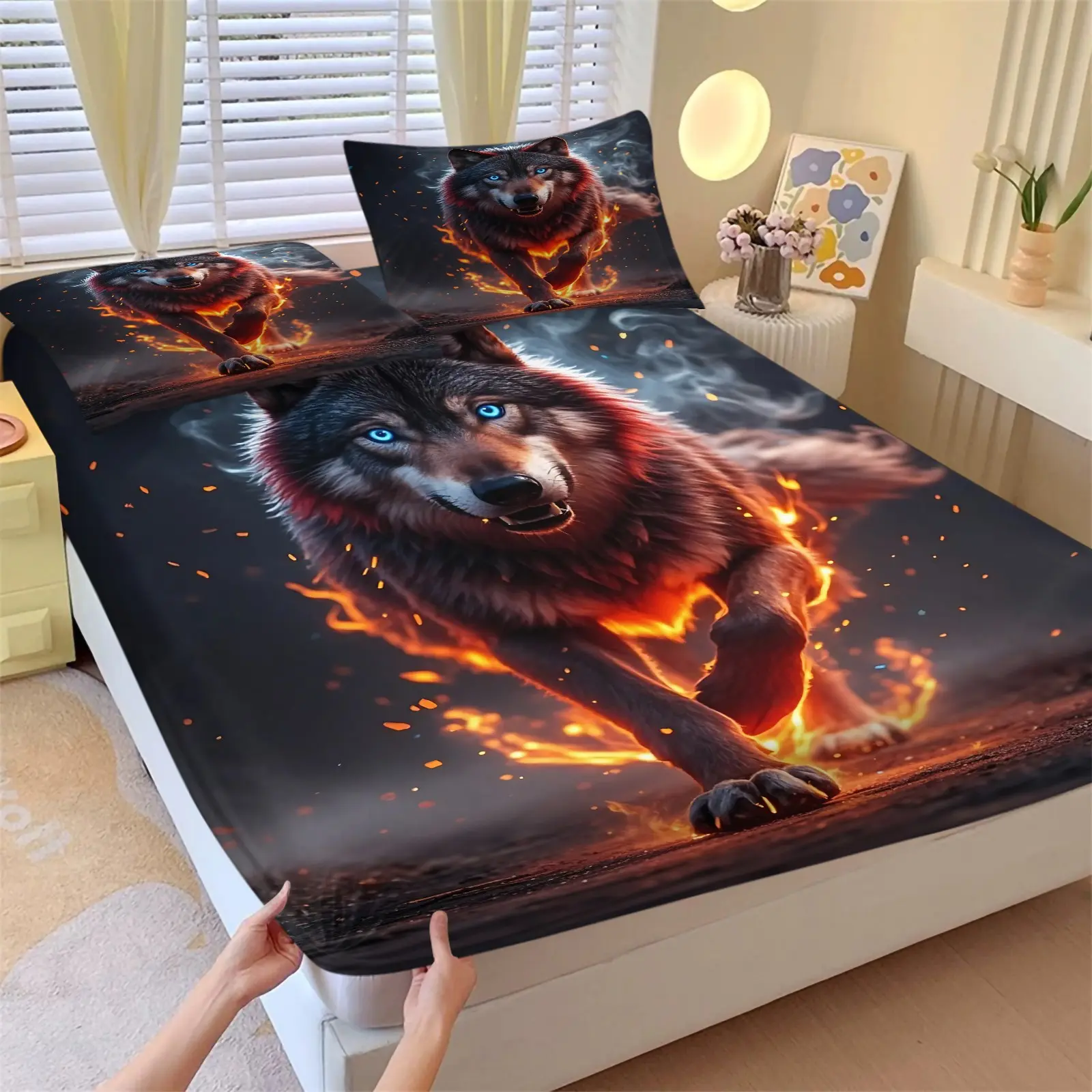 3pcs Wildlife Theme Animal Series Fitted Sheet Set, Decorative Bedsheet Sets, Wild Wolf, Wolf King Theme Printed Bedding Set, Suitable for Hunting and Wild People Bedroom Decoration Soft and Skin friendly, Includes 1 Fitted Sheet and 2 Pillowcase