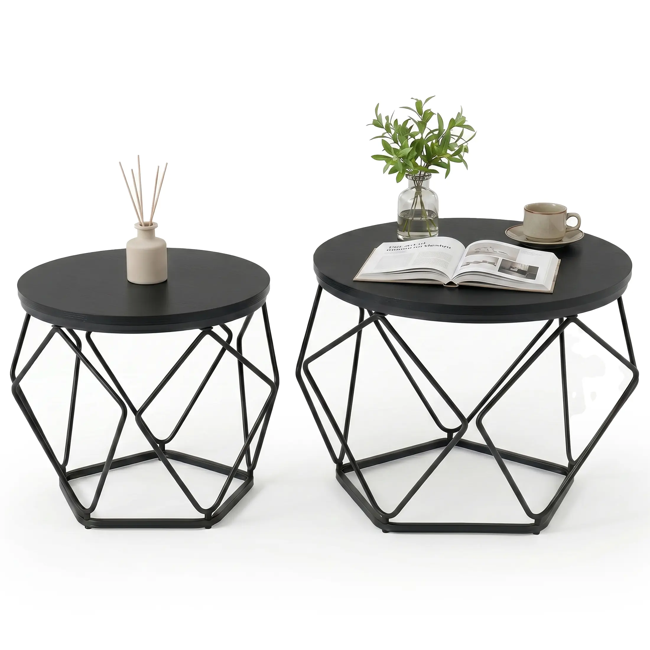 Small Coffee Table Set of 2, Round Side Table with Steel Frame, Nesting End Tables for Living Room, Bedroom & Office, Decor & Practical Use