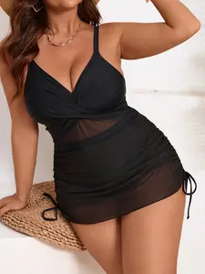 Plus Size One-Piece Skirt Swimwear, Tummy Control Swimdress, Fashionable Mesh Design with Drawstring, Sexy Slimming Swimwear for Women, Ideal for Swimming Vacations