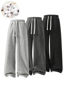 Women's Fleece Thermal Lined Straight Sweatpants, Wide Leg Baggy Basic Style Athletic Joggers Pants with Drawstring Waistband, Youth Girl Cute Casual Comfy Trouser for Spring Autumn and Winter Minimalist Womenswear Bottom summerwins