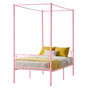 summervibes VEVOR Twin Size Canopy Bed Frame, Metal Canopy Bed with Minimalist Headboard Four Posters Design, Heavy Duty Steel Slats Support, Underbed Storage Space, No Box Spring Needed, Easy Assembly, Pink