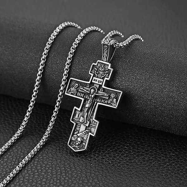 Stainless Steel Necklace Jesus Crucifix Cross Necklace For Men Celtic Orthodox Cross Necklace Viking Rune Chain Necklace Religious Christian Jewelry Gifts For Men