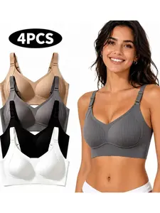 Women's 4-Pack Seamless Push-Up Bralettes - Comfortable Deep V Everyday T-Shirt Bras, Minimalist Unlined Balconette B-Cup Lingerie with Wide Support for Pregnancy, All-Season Breathable Adjustable Undergarment Womenswear u cup bra,strapless bra full