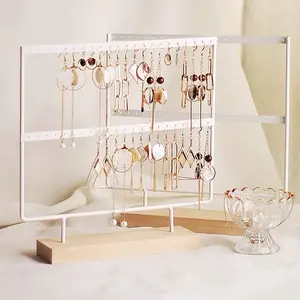 Earrings Organizer Jewelry Display Wood Stand (44 Holes 2 Layers) (White)