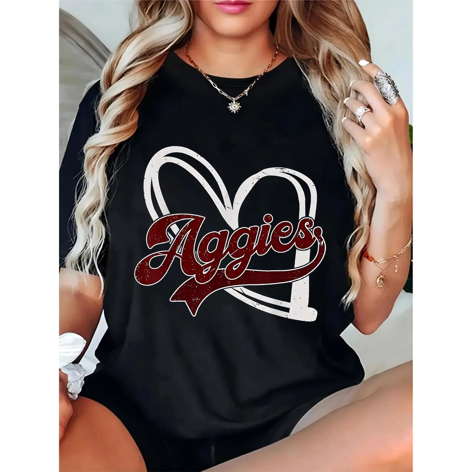 Women's Vintage Distressed Aggies Heart Graphic T-Shirt - 100% Cotton, Lightweight, Comfortable Relaxed Fit, Short Sleeve Top for Game Day, Shortsleeve, Round Neck, Skirts, Crew Neck, Breathable, Pure Cotton, Clothes, Casual, Distressed Print